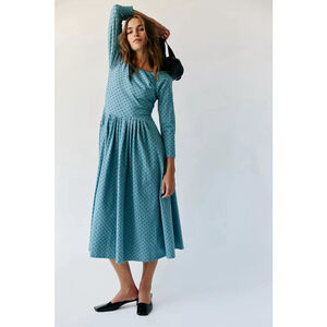 Free People Women’s Two Timin Midi Blue Dress Size Small Retro Polkadots Classic